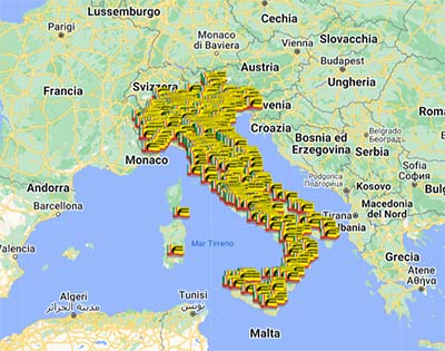 mappa che rappresenta l'Italia con i pin di tutti i rivenditori di Forbikes